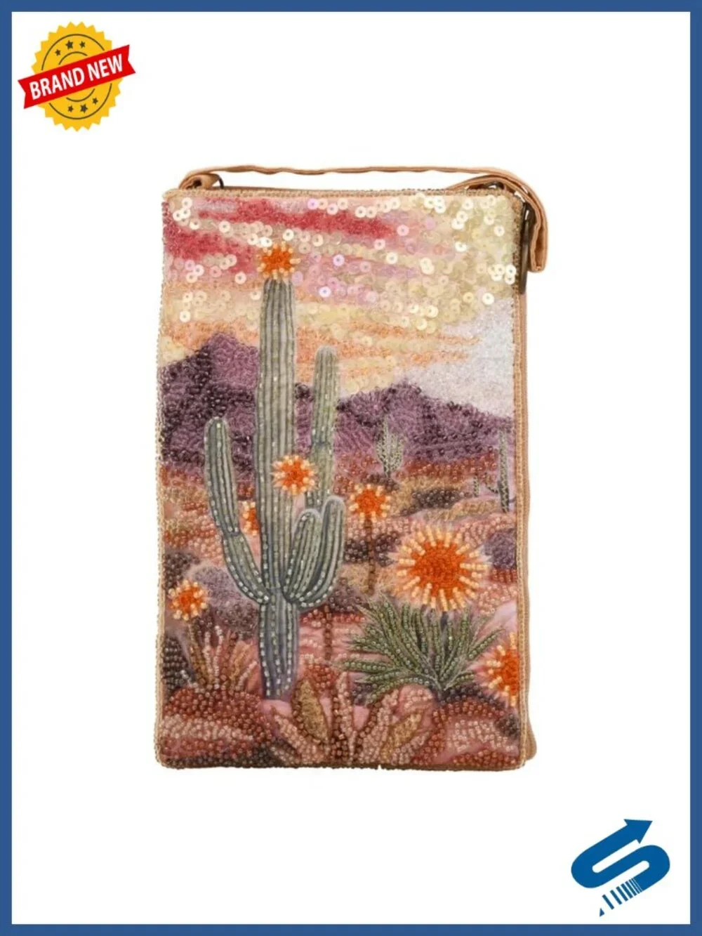 Handcrafted Beaded Shoulder Bag Desert Cactus Floral Wristlet Crossbody